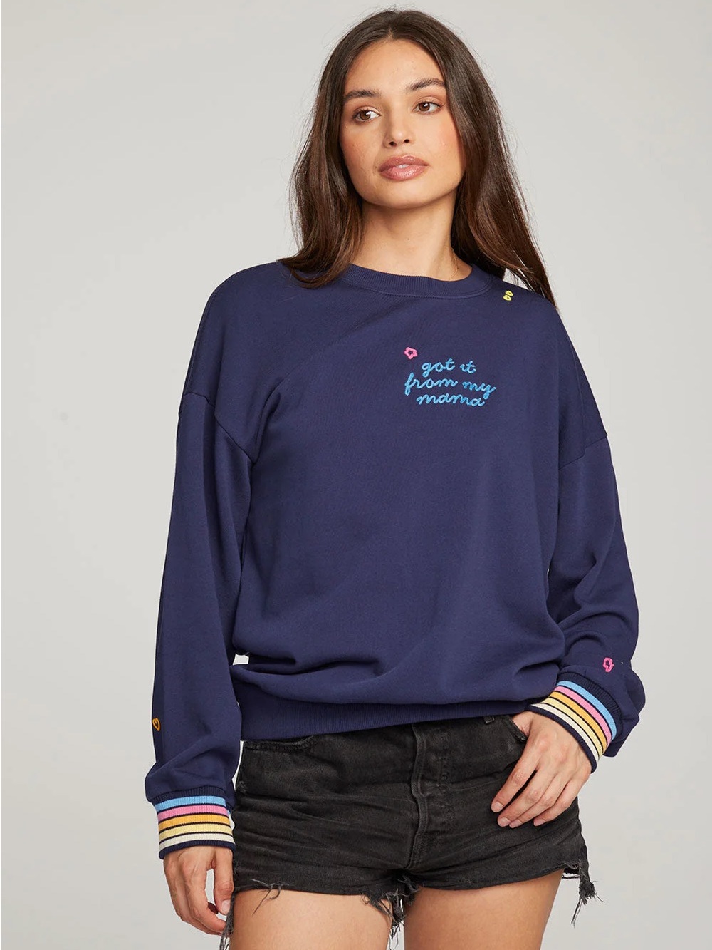 CHASER - “Got it from my Mama”Navy crewneck sweatshirt. XS. Fits big. P2P 24”